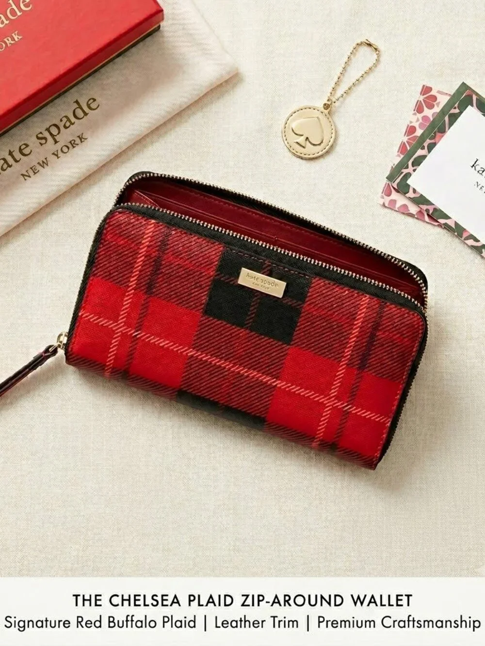 Kate Spade Red Plaid Wallet Saffiano leather zip around